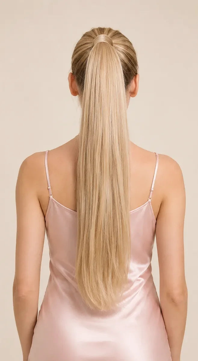 Después: coleta larga y sedosa con la extensión wrap
