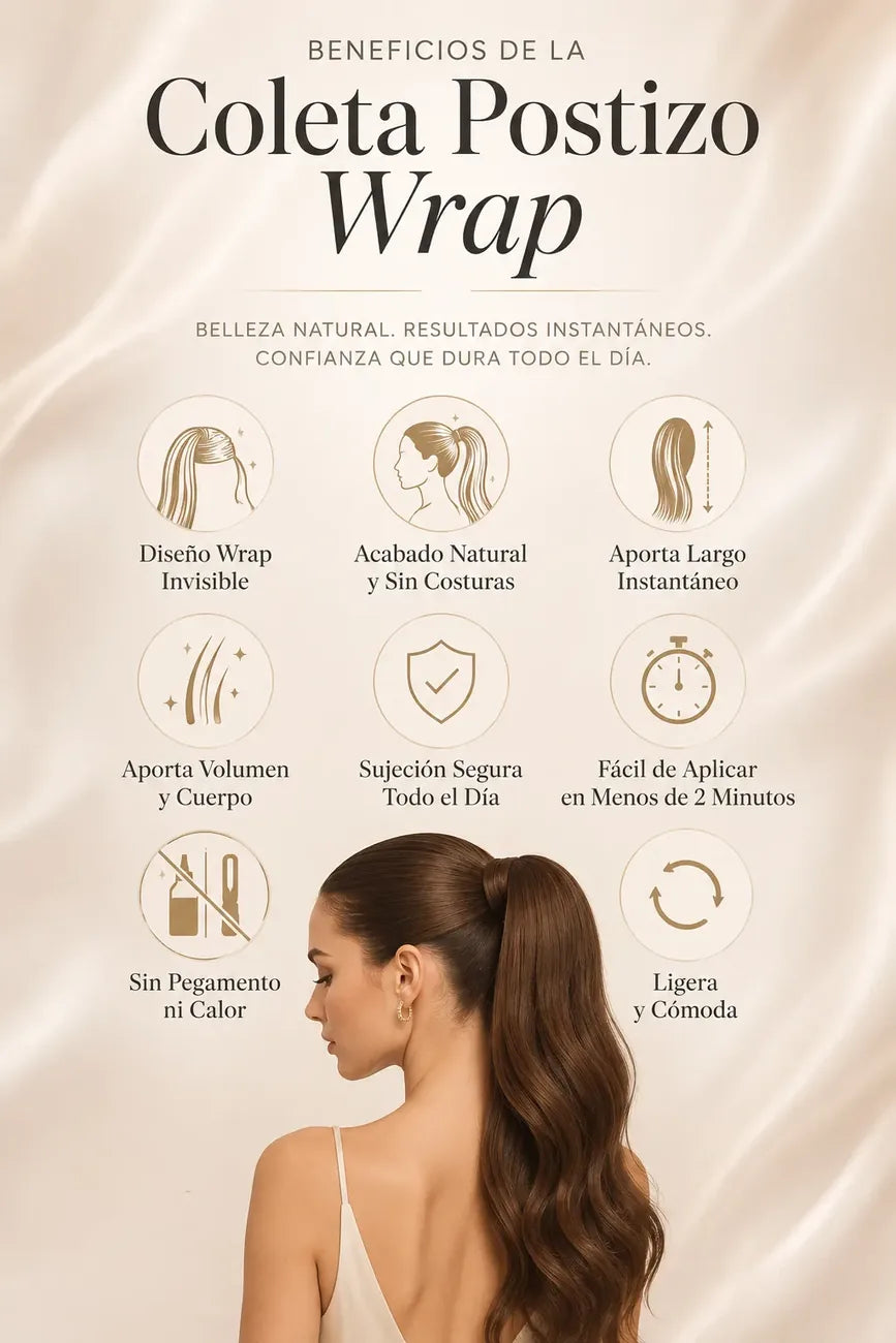 Beneficios de la coleta postizo wrap: diseño invisible, acabado natural, largo instantáneo, volumen, sujeción segura y fácil de aplicar